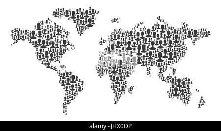 The map of the world made of people silhouettes. Black on white background, isolated Stock Vector