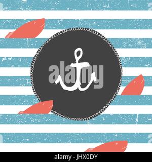 Marine background. Blue lines pattern. Red fish. Nautical card design label with anchor symbol Stock Vector