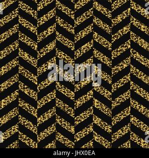 Seamless chevron pattern. Glittering golden surface. Black and gold background Stock Vector