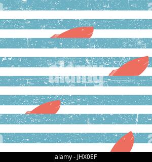 Marine background with red fish seamless. Blue lines seamless pattern. Stock Vector