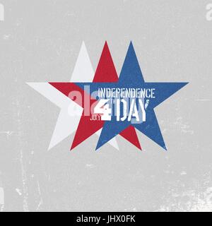 Independence day greeting card. Patriotic design template. Three stars colored in red, white, blue. Grunge textures in layers and can be edited. Stock Vector