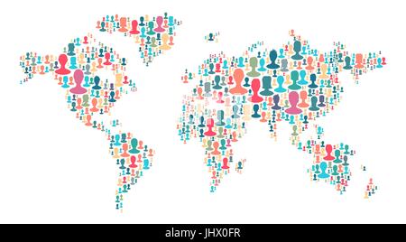 The map of the world made of plenty people silhouettes. Collection of different people portraits placed as world map shape. World map made out of larg Stock Vector