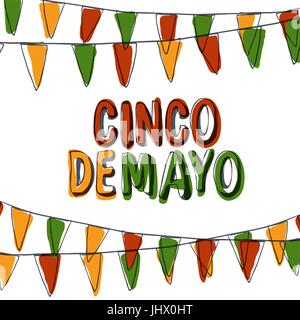 Cinco de Mayo Postcard. Holiday Pennant Bunting. Hand drawn vector illustration Stock Vector