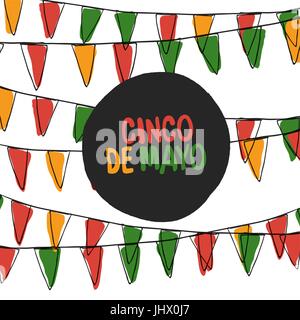 Cinco de Mayo Postcard. Holiday Pennant Bunting. Hand drawn vector illustration Stock Vector