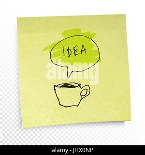 Coffee and "Idea" word in speech baloon. Illustration on yellow sticky paper note. Creative concept. On transparent background. Stock Vector
