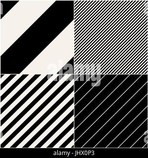 Four diagonal patterns collection. Diagonal lines seamless black and white pattern. Repeat straight monochrome stripes texture background. Geometric v Stock Vector