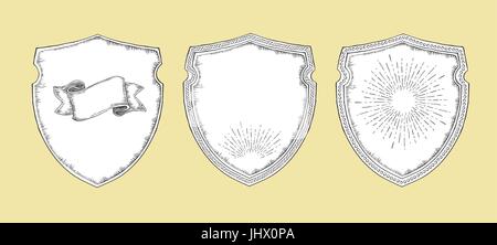 Heraldic shields. Vintage elements decorative set. Heraldic sign. Hand drawn Line art. Vector illustration. Stock Vector