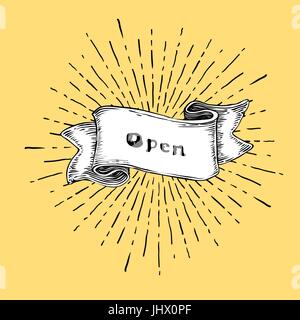 Open. Vintage sign. "Open" word on ribbon with rays. Vintage vector illustration Stock Vector