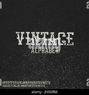 Vintage stamp alphabet. On black grunge background. Stock Vector