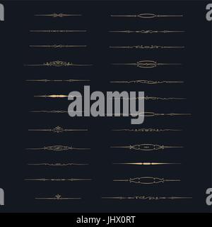 Dividers vector set. Vector set of calligraphic design elements and page decor. Gold decorative elements on black background. Stock Vector