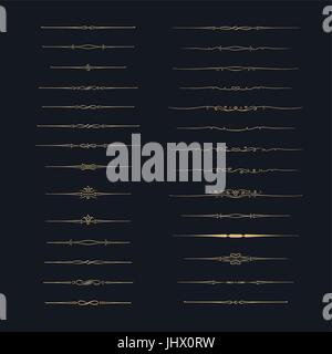Dividers vector set. Vector set of calligraphic design elements and page decor. Gold decorative elements on black background. Stock Vector