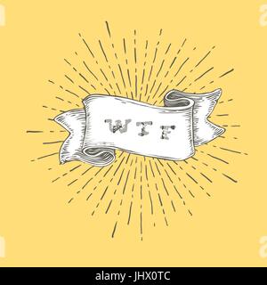WTF. Outline wtf icon in vintage hand drawn ribbon. Graphic art design on yellow background. Concept of exclaim with negative conversation or aggressi Stock Vector