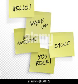 Wake up, be awesome, hello, smile, you rock - set of inspirational sticky notes. Vector editable template on transparent background. Stock Vector