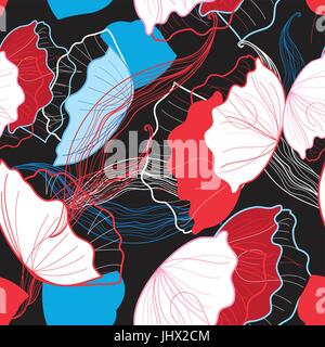 Seamless bright summer pattern with different flowers blue and red Stock Vector