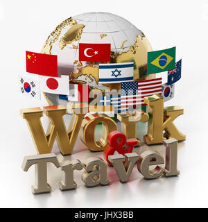 Globe, flags, work and travel text isolated on white background. 3D illustration. Stock Photo