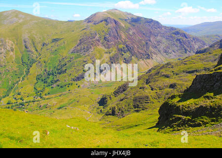 Looking down to Llanberis Pass from Mount Snowdon, Gwynedd, Snowdonia, north Wales, UK Stock Photo