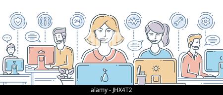 Call center support - line design header, banner for your website Stock Vector