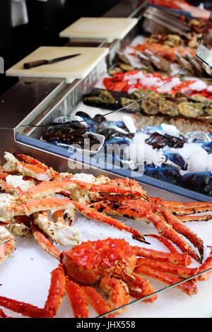 Fresh seafood on display in Bergen fish market, Norway Stock Photo