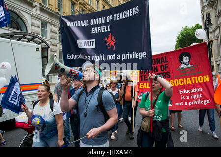 London, UK, 16th July 2017. Carnival Against the Cuts organised by Fair Funding for all Schools. Protesters against school funding cuts formed up in Westminster Gardens, marched along Whitehall past Downing Street to Parliament Square. Credit: Steve Bell/Alamy Live News Stock Photo