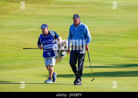 Irvine, Ayrshire, Scotland, UK. 16th July, 2017. The final day of the Aberdeen Asset management Scottish Open Golf Championship provided much drama and exciting play from an international field of golfers competing for the trophy and prize money. The competition was played over Dundonald Links near Irvine Ayrshire Scotland in the hot summer sun and concluded with a dramatic win for RAFA CABRERA BELLO form Spain Credit: Findlay/Alamy Live News Stock Photo