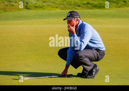 Irvine, Ayrshire, Scotland, UK. 16th July, 2017. The final day of the Aberdeen Asset management Scottish Open Golf Championship provided much drama and exciting play from an international field of golfers competing for the trophy and prize money. The competition was played over Dundonald Links near Irvine Ayrshire Scotland in the hot summer sun and concluded with a dramatic win for RAFA CABRERA BELLO form Spain Credit: Findlay/Alamy Live News Stock Photo