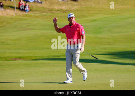 Irvine, Ayrshire, Scotland, UK. 16th July, 2017. The final day of the Aberdeen Asset management Scottish Open Golf Championship provided much drama and exciting play from an international field of golfers competing for the trophy and prize money. The competition was played over Dundonald Links near Irvine Ayrshire Scotland in the hot summer sun and concluded with a dramatic win for RAFA CABRERA BELLO form Spain Credit: Findlay/Alamy Live News Stock Photo