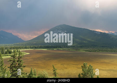 Forest fire smoke & ash changes the previously blue / green waters of Vermillion Lake, Banff National Park, Canada. The nearby forest fire left the lakes un recognisable as they changed from a lovely blue / green to a more brown colour and the sky became full of smoke & haze. Picture taken from the Trans Canada Highway overlooking Vermillion Lakes near Banff town, brown smoke & ash filled the sky from Saturday night onwards, by Sunday the lake had completely changed colour. Motorists stopped to look in disbelief at the drastic change to the lake. Fire believed to have started in Verdant Creek Stock Photo