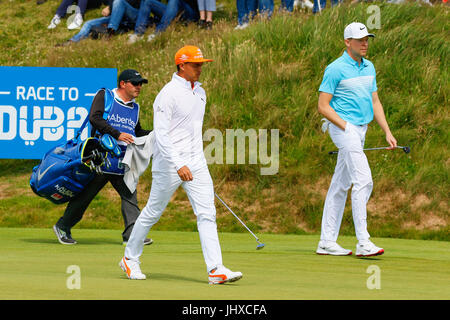 Ayrshire, Scotland, UK. 16th July, 2017. The final day of the Aberdeen Asset management Scottish Open Golf Championship provided much drama and exciting play from an international field of golfers competing for the trophy and prize money. The competition was played over Dundonald Links near Irvine Ayrshire Scotland in the hot summer sun and concluded with a dramatic win for RAFA CABRERA BELLO form Spain Credit: Findlay/Alamy Live News Stock Photo