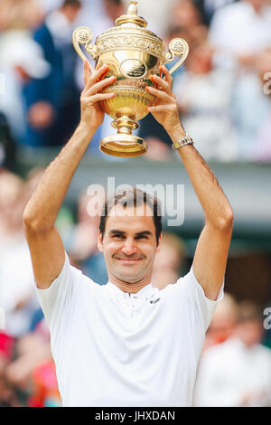 London, UK. 16th July, 2017. Roger Federer (SUI) Tennis : Roger Federer of Switzerland poses with the trophy after winning the Men's singles final match of the Wimbledon Lawn Tennis Championships against Marin Cilic of Croatia at the All England Lawn Tennis and Croquet Club in London, England . Credit: AFLO/Alamy Live News Stock Photo