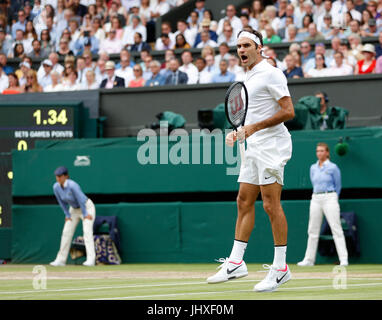 London, London, UK. 16th July, 2017. Roger Federer of Switzerland celebrates a point during the men's singles final match with Marin Cilic of Croatia during Day 13 of the Wimbledon Championship 2017 at Wimbledon, London, Britain on July 16, 2017. Credit: Han Yan/Xinhua/Alamy Live News Stock Photo