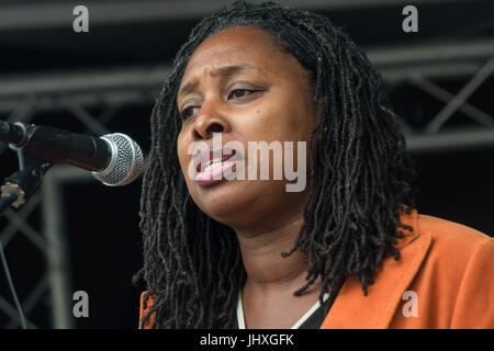 London, UK. 16th July 2017. Dawn Butler, Labour MP for Brent and Shadow Minister for Diverse Communities speaking at the rally after hundreds of parents, children, teachers and others marched from Embankment down Whitehall to Parliament Square in a protest against unfair cuts in school funding. The 'Carnival Against Cuts' was organised by parents in the 'Fair Funding for All Schools' campaign and supported by the NUT.  Funding for state education has not kept up with the increase in pupil numbers, and the changes to the National Funding Formula will mean huge cuts in teaching staff and learnin Stock Photo