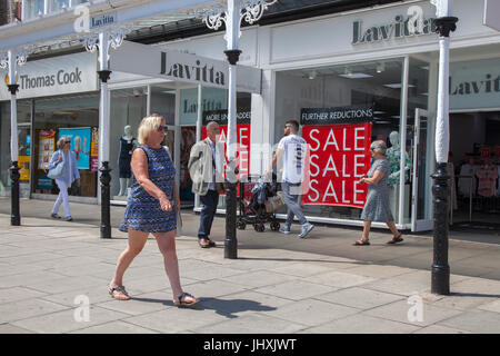 Southport, Merseyside, UK. 17th Jul, 2017. Busy Town Centre, with tourists and shoppers enjoying the sunshine and hot weather, on Open Golf Week. The Championship is based at Royal Birkdale and up to 40,000 spectators are expected in the resort to sample the shopping in Lord Street and the Golf Based attractions in the Princess Diana Gardens in front of The Atkinson in Southport town centre. Credit: MediaWorldImages/Alamy Live News Stock Photo