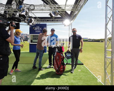 Southport, UK. 17th July, 2017. Paddy Harrington gets wired up to demo his swing techniques to TV during Monday practice day at the 146th Open Golf Championship at Royal Birkdale Golf Club Credit: Motofoto/Alamy Live News Stock Photo