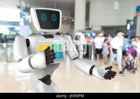 Robotics Trends technology business concept. Autonomous personal assistant robot for navigation direction and items in museum blur background. Stock Photo