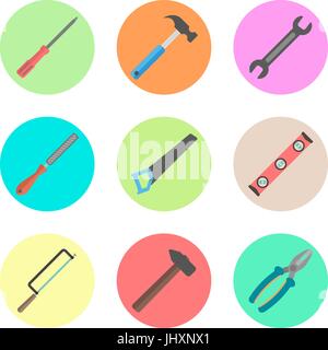 set of tools in the colored circles Stock Vector