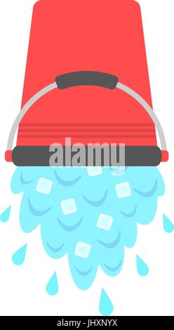 water with ice cubes pouring from red bucket Stock Vector