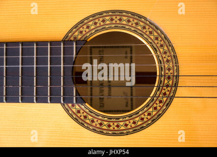 Close up of Antonio Sanchez classical guitar with fingerboard, frets, decorative sound hole and strings Stock Photo