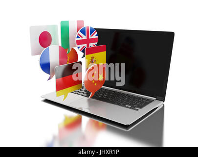 3d illustration. Laptop with bubble speech flags.  Learning languages online, translate concept. Isolated white background Stock Photo