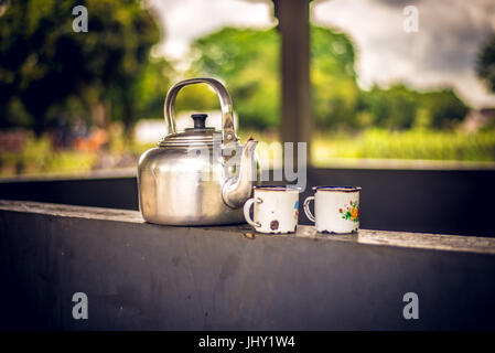 Teacups and teapot close-up Stock Photo