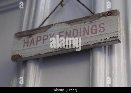 happy endings, happy ending, cute sign, shabby chic, wedding, wedding theme, sign, happy endings sign, matrimony, door sign, Stock Photo