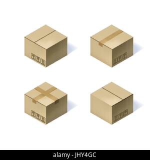 Set of four isometric cardboard boxes isolated on white background ...