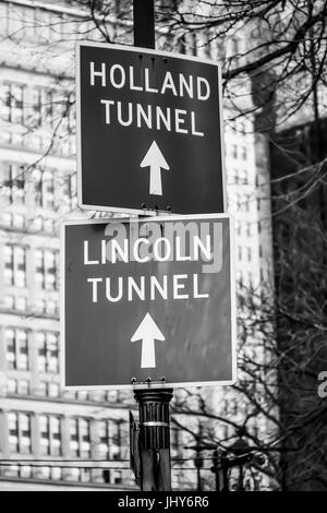 Directions signs to Holland Tunnel and Lincoln Tunnel - MANHATTAN / NEW YORK - APRIL 2, 2017 Stock Photo