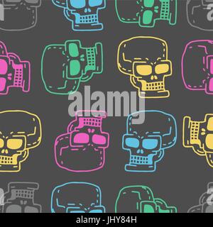 Skull cartoon seamless pattern. Skeleton head drawing ornament. Medicine background. Retro Vintage Texture Stock Vector