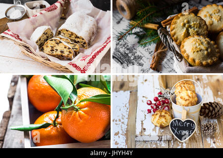 Photo collage, Christmas baking, german stollen, mince pies in wicker basket, coconut puffs, tangerines with green leaves, fir tree branches Stock Photo