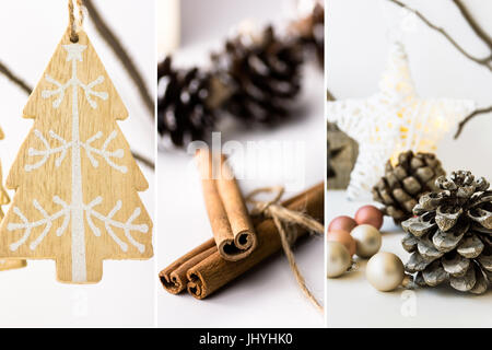 Photo collage, white Christmas decoration, ornaments, wooden fir tree hanging on branch, cinnamon, baubles, pine cones, star, lights, scandinavian, no Stock Photo