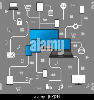 Conceptual picture of connection between gadgets, icons, networks.Flat  Vector illustration. Stock Vector