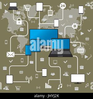 Conceptual picture of connection between gadgets, icons, networks.Flat  Vector illustration. Stock Vector