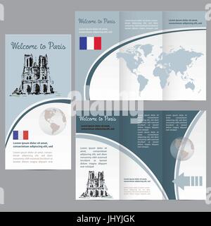 Traveler's guide or banner with a map, watercolors attractions Notre Dame, and text. vector Stock Vector