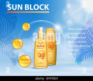 Sunblock UV protection ads template, sun care protection cosmetic products design face and body cream and oil on palm beach summer background. vector illustration Stock Vector