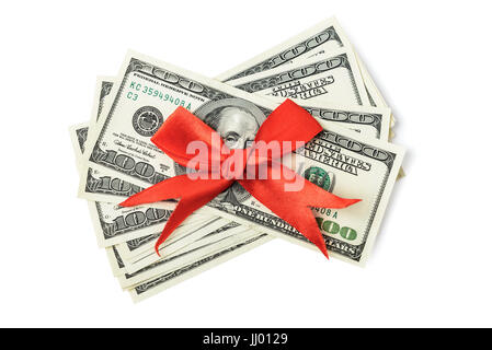 Dollars with red bow isolated on white Stock Photo